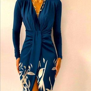 Floral Blue V-Neckline Ruched Front Slit Mini Dress